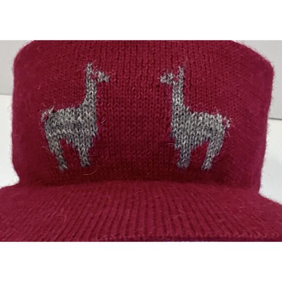 Alpaca Knit Visor Hat Burgundy W/ Ear Warmer Flaps - Winter Cap Made In Peru - Picture 3 of 4